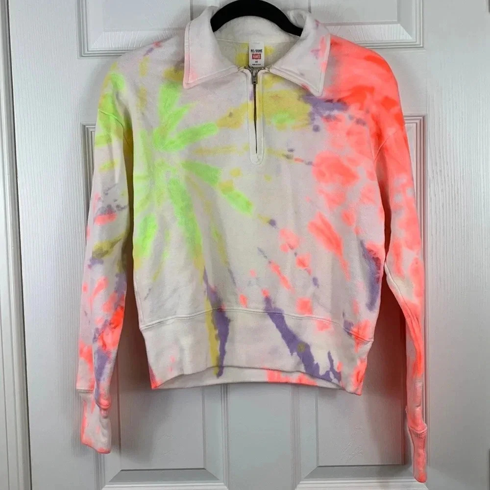 NWT Re-Done Hanes tie dye 1/4 zip pullover sz xs